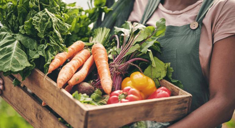 Grower holding a basket of sustainable foods. Kiterocket blog.